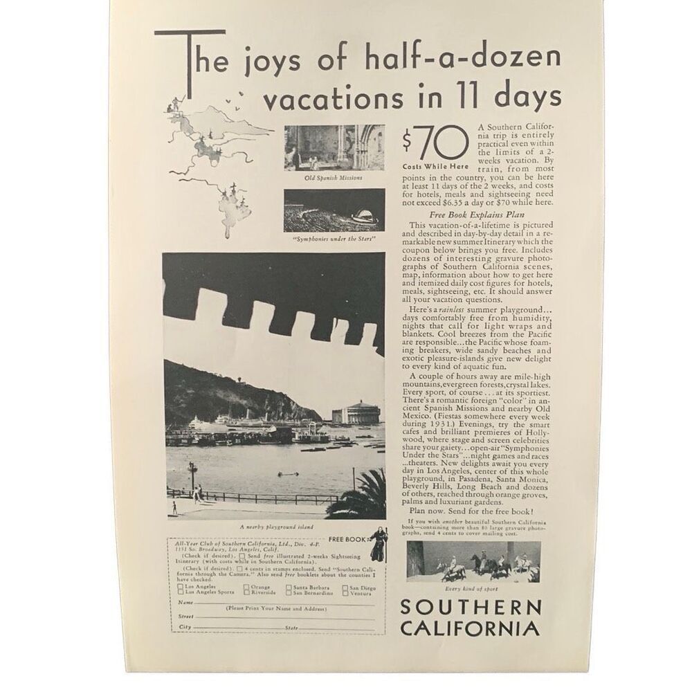 Vintage 1931 Southern California 11 Days Ad Advertisement
